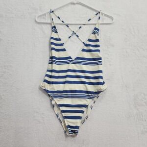 NEW Billabong Swimsuit Women M Blue White Striped Hike One Piece Cheeky Nautical